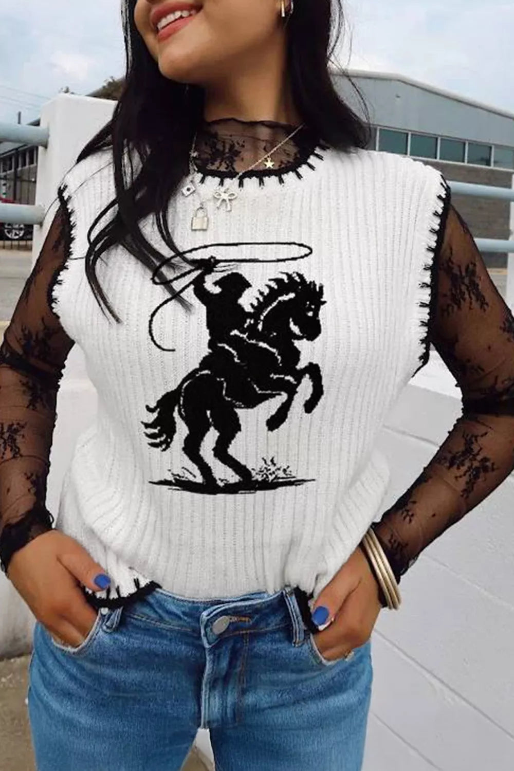 Contrast Trim Round Neck Rodeo Cowboy Sweater Vest in White for Women