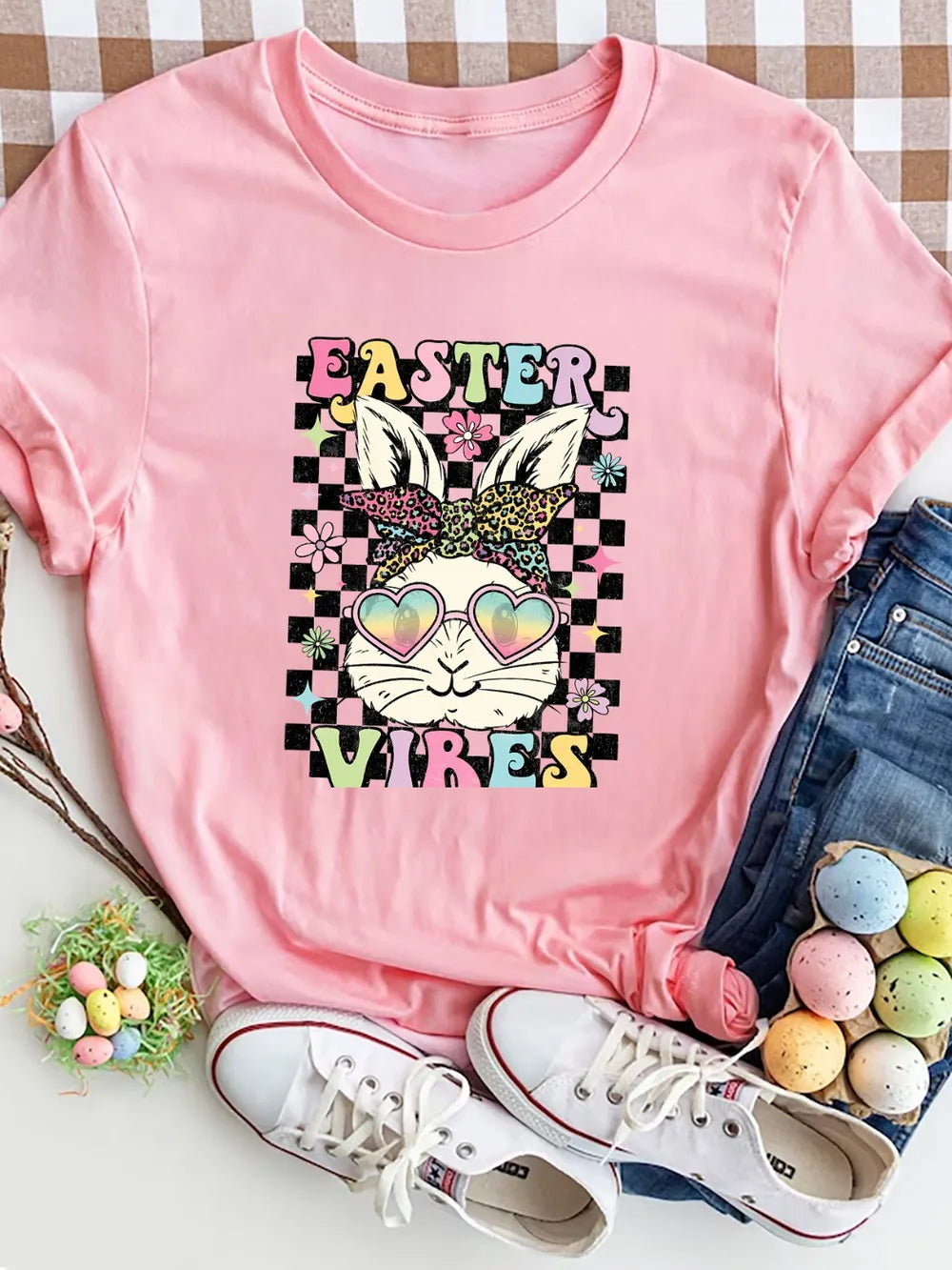 Easter Vibes Round Neck Short Sleeve T-Shirt in Aqua for Women