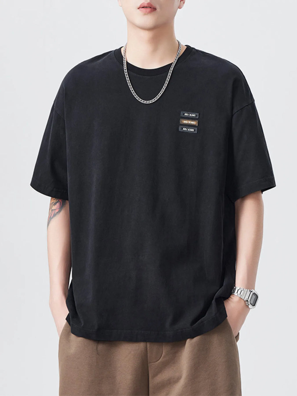 Plus Size Round Neck Short Sleeve T-Shirt in Black for Men