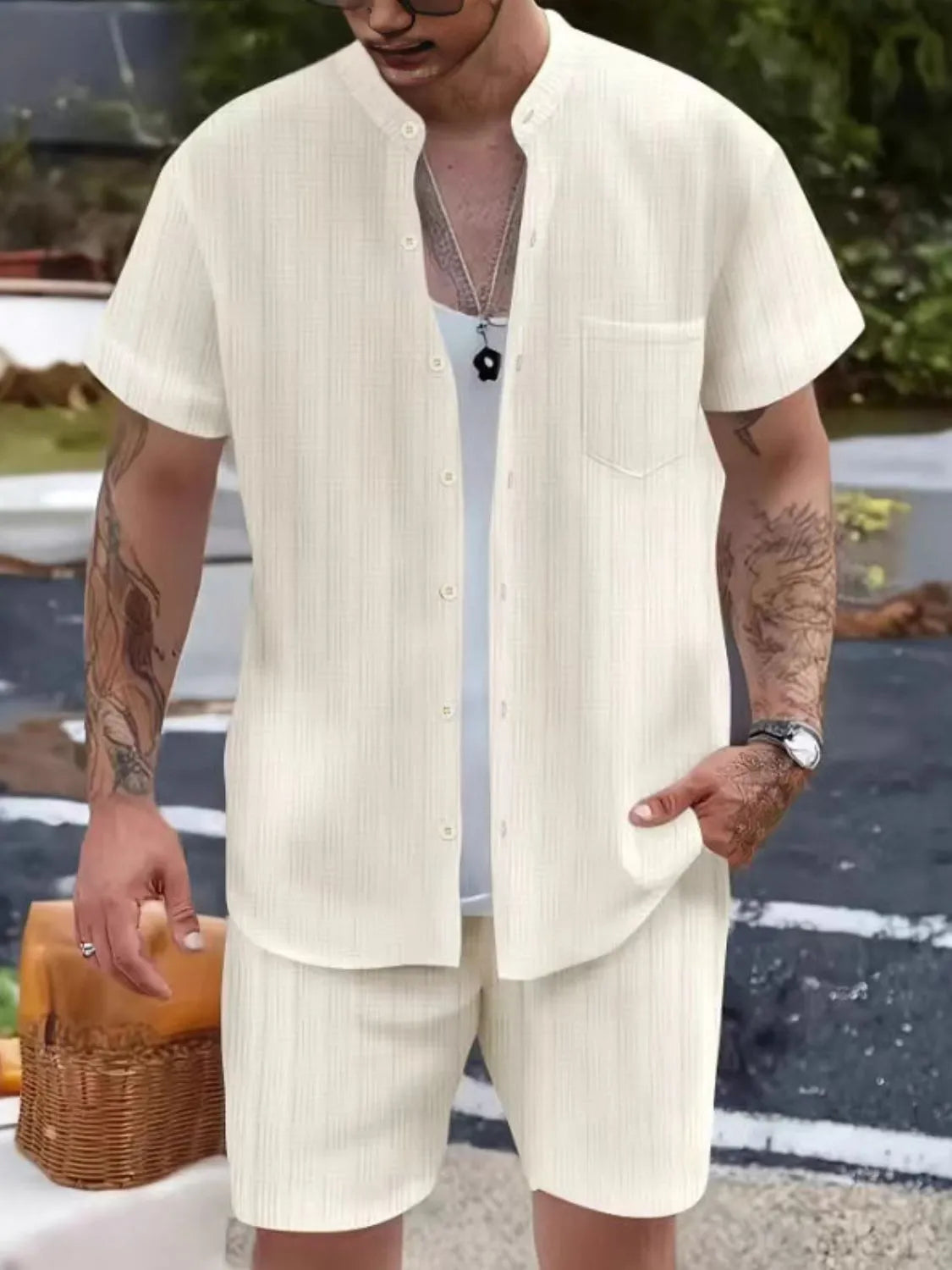 Button Up Short Sleeve Shirt and Shorts Set in Classic in White for Men