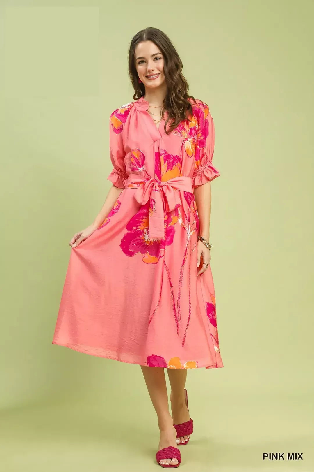 Floral Flounce Sleeve Midi Dress with Belted in Pinkmix for Women