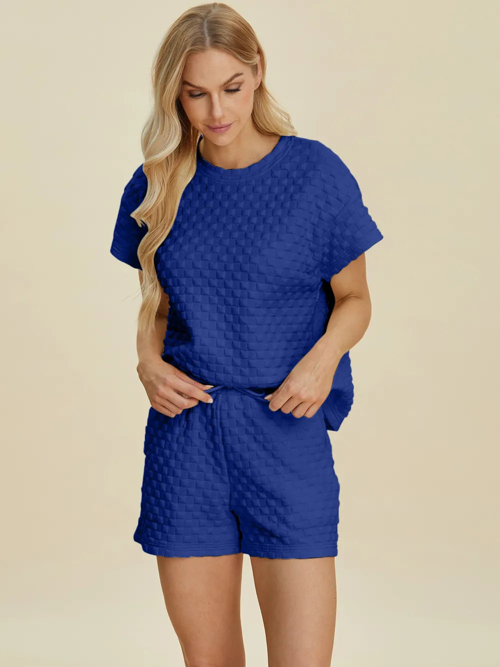Plus Size Texture T-Shirt and Shorts Set in Royal Blue for Women