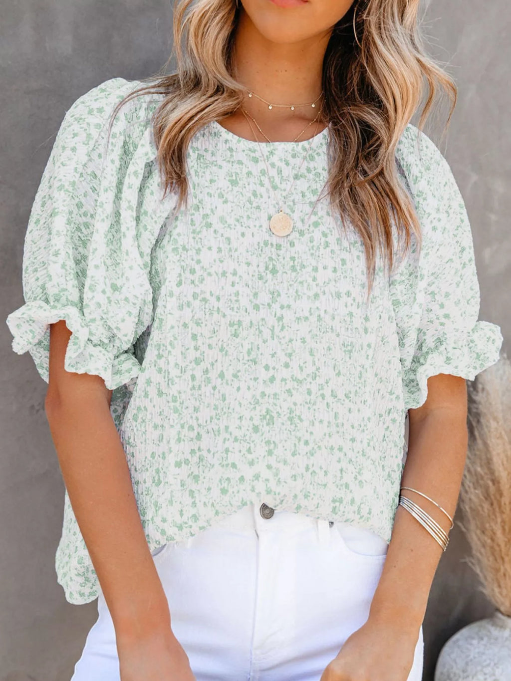 Floral Print Ruffle Sleeve Blouse Plus Size in Pink for Women