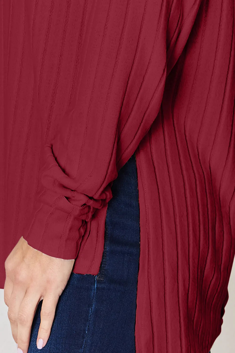 Plus Size Ribbed Round Neck Slit T-Shirt in Deep Red for Women