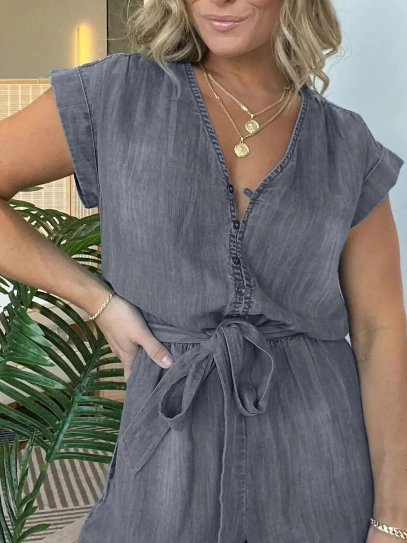 Plus Size Tie Waist Cap Sleeve Romper in Orange for Women