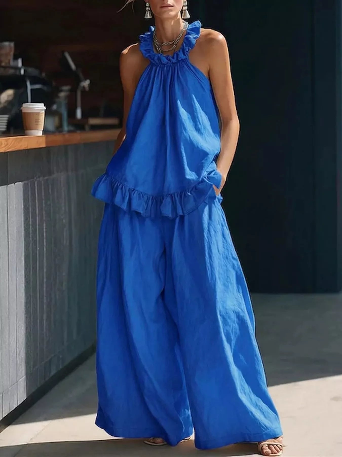 Plus Size Ruffled Halter Neck Top and Wide Leg Pants Set in Blue for Women