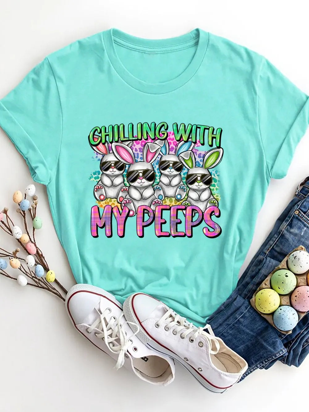 Chilling with My Peeps Round Neck T-Shirt in Blush Pink for Women