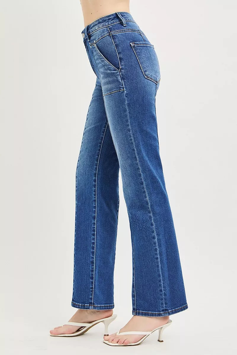 High Rise Straight Patch Pocket Seamed Jeans in Dark for Women