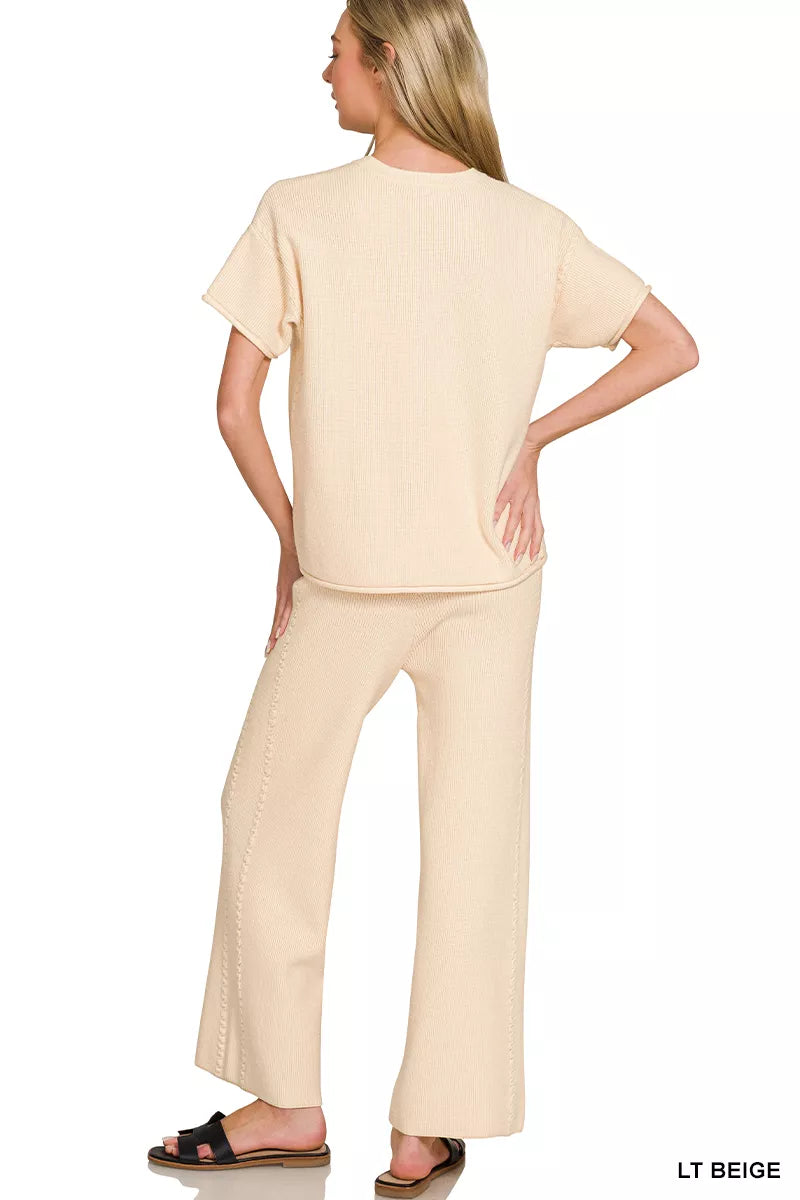 Viscose Round Neck Top & Pants Set in Light Beige for Women