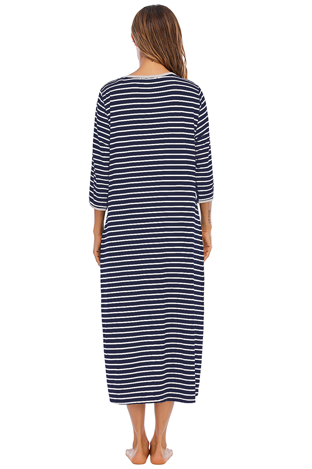 Round Neck Three-Quarter Sleeve Midi Night Dress in Navy for Women