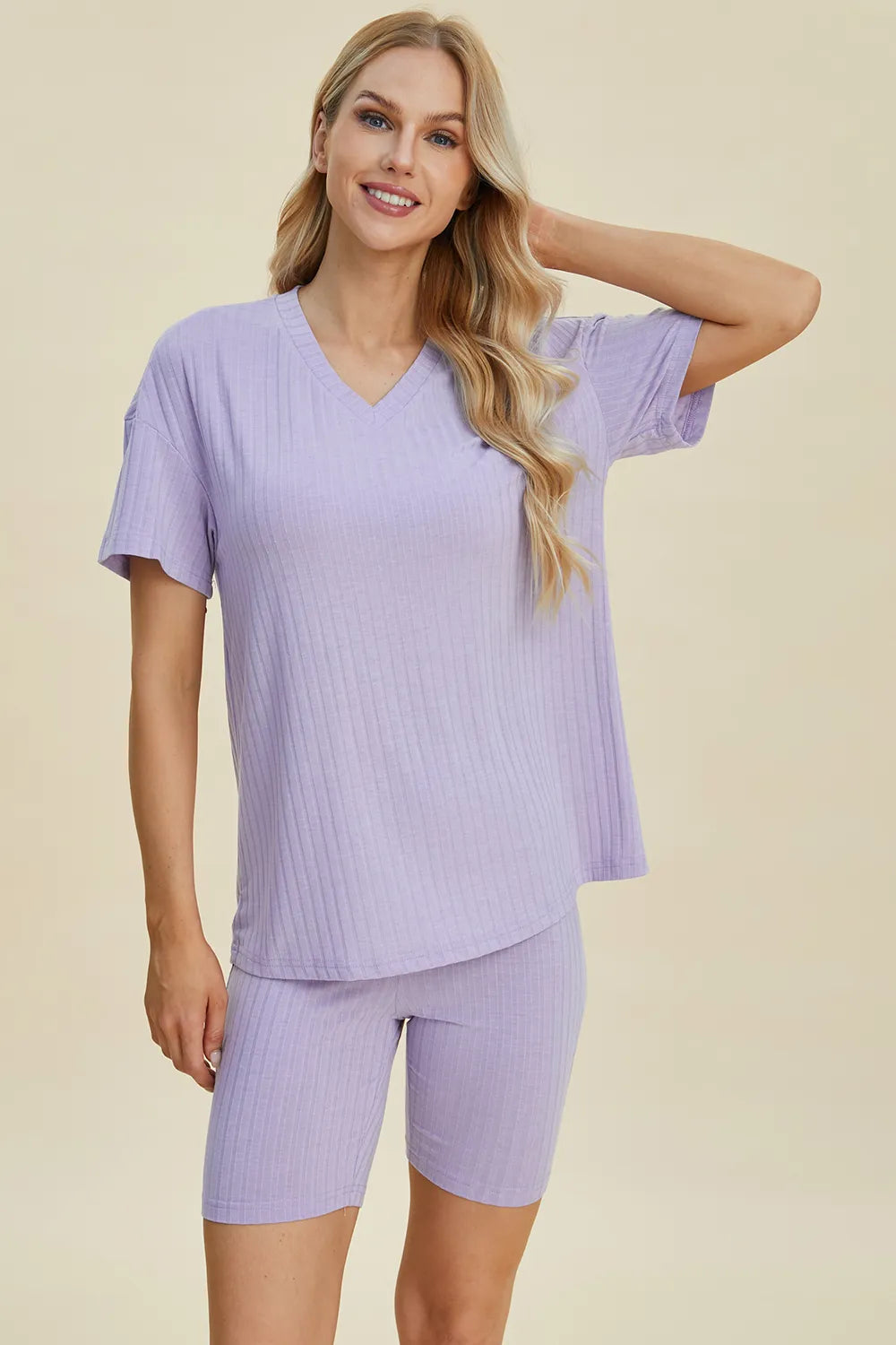 Plus Size Ribbed V-Neck Short Sleeve Top and Shorts Set in Yellow-Green for Women