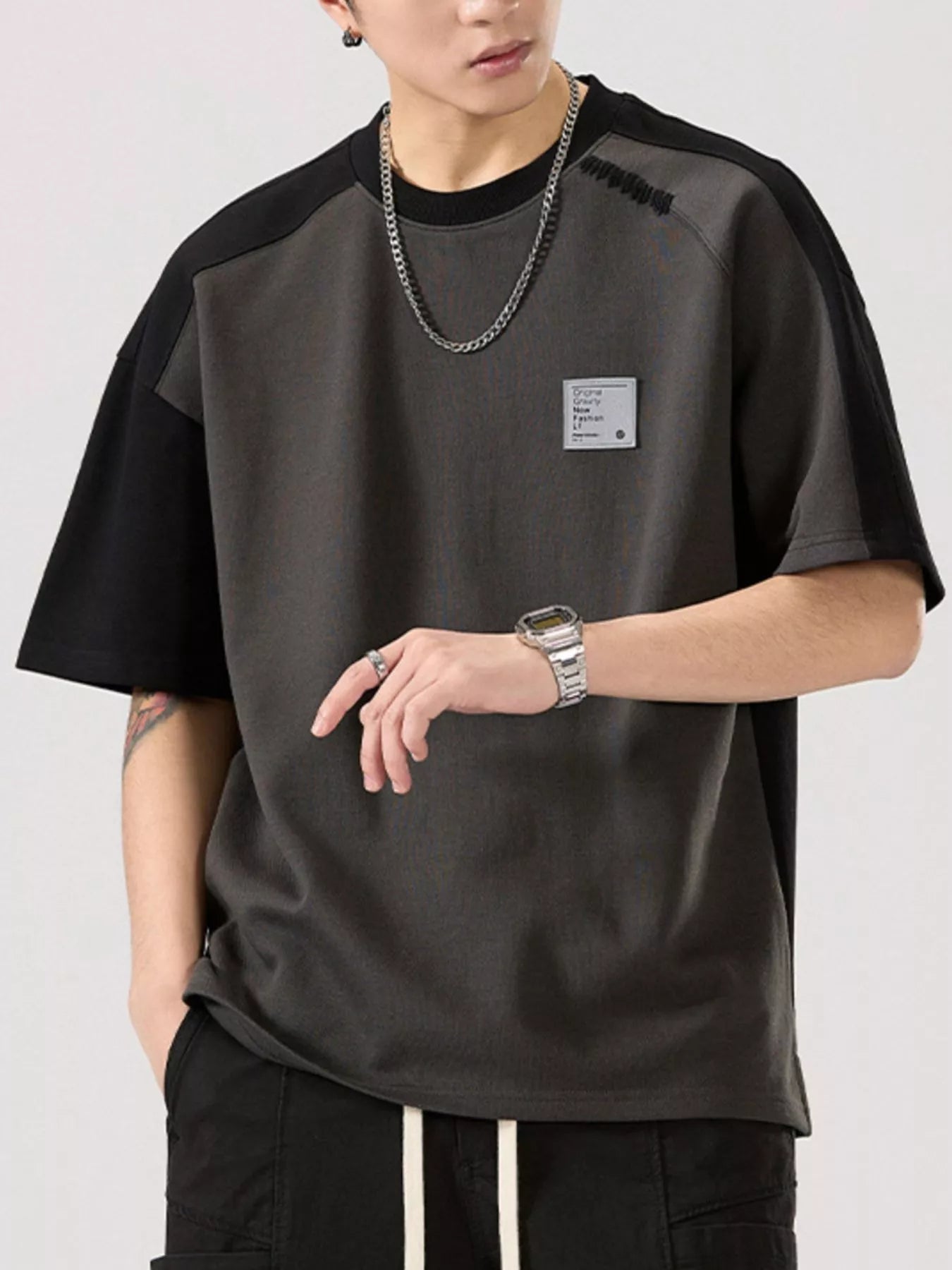 Contrast Round Neck Short Sleeve T-Shirt Plus Size in Retro Hemp Gray for Men