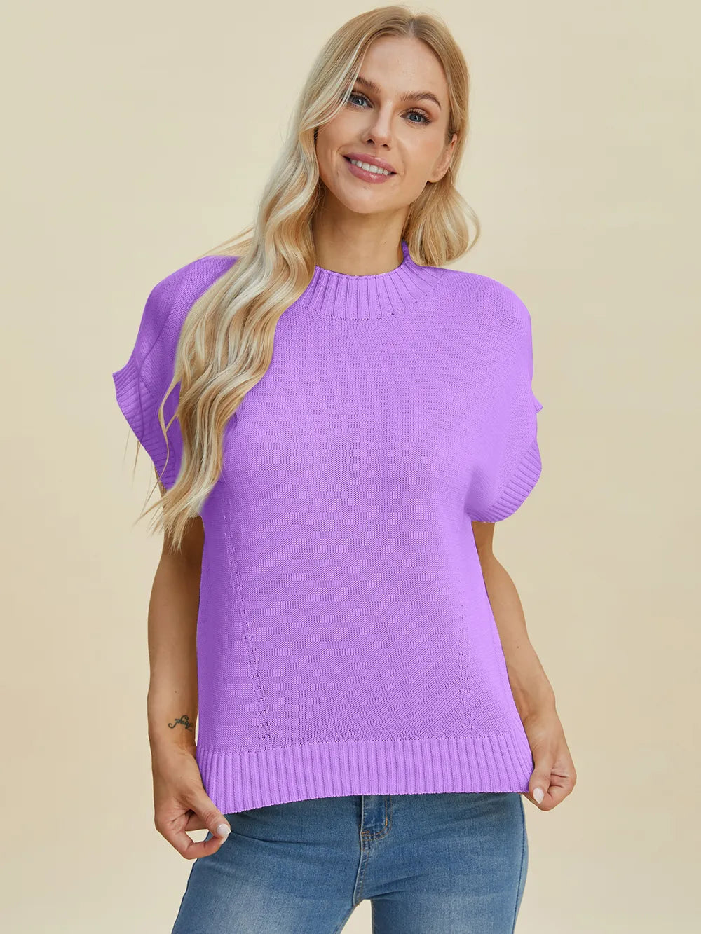 Plus Size Mock Neck Short Sleeve Sweater in Cream for Women