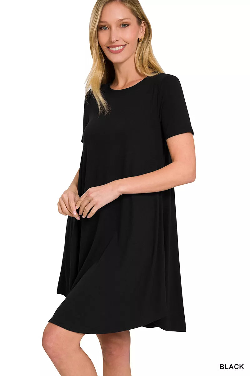 Short Sleeve Round Hem a-Line Dress with Side Pockets in Black for Women