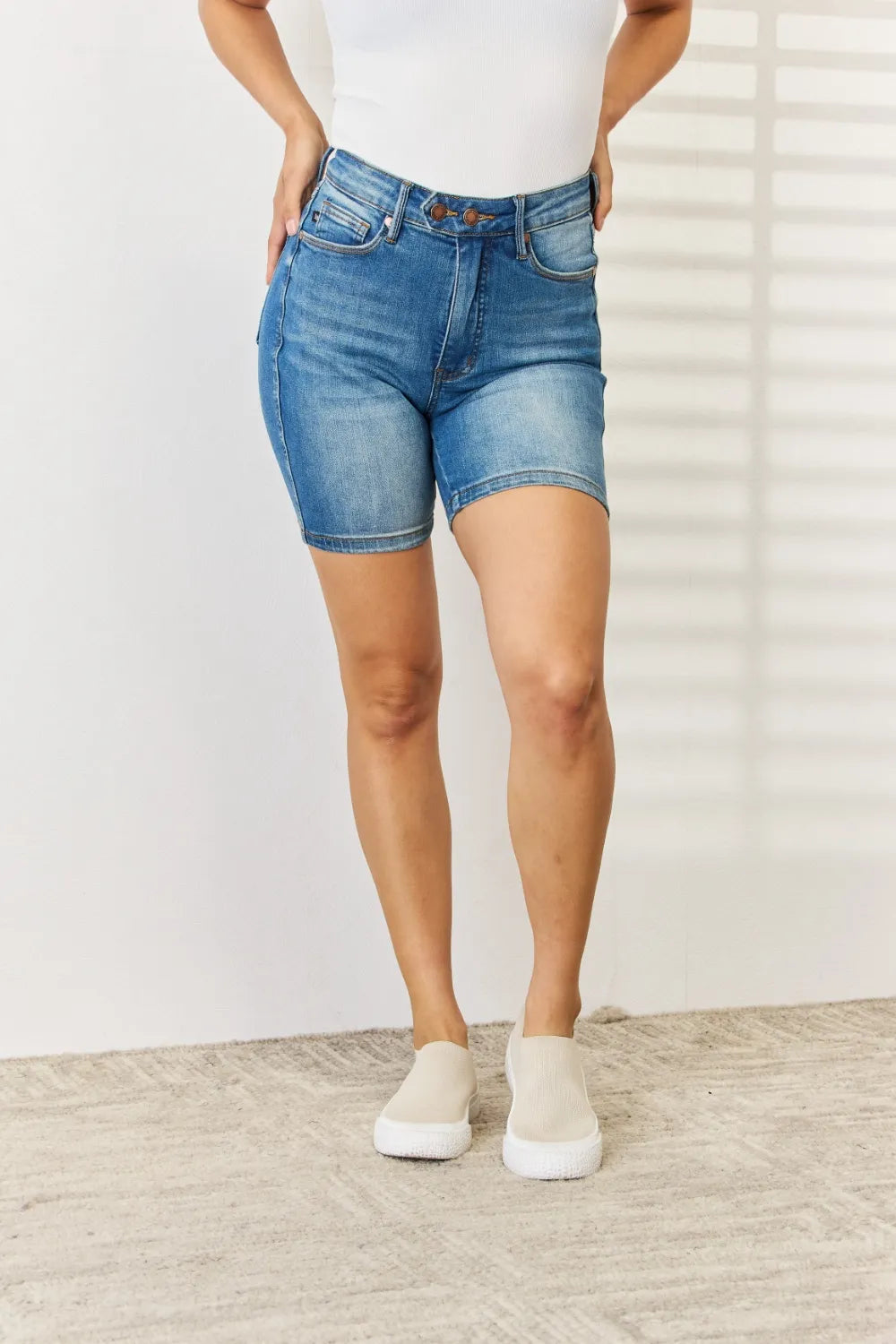 Plus Size Tummy Control Double Button Bermuda Denim Shorts in Medium for Women
