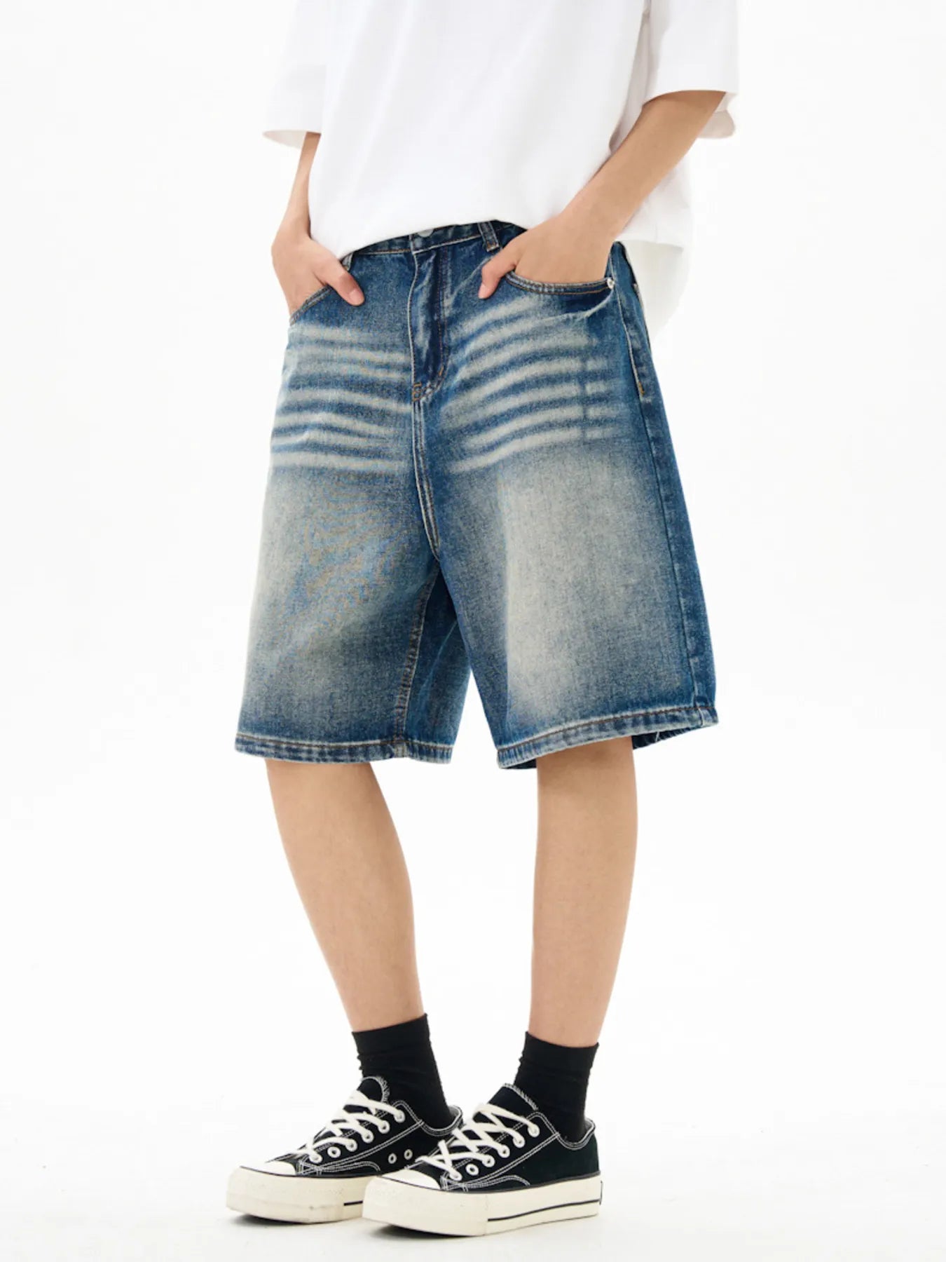 Washed Loose Fit Denim Shorts in Light Blue for Men