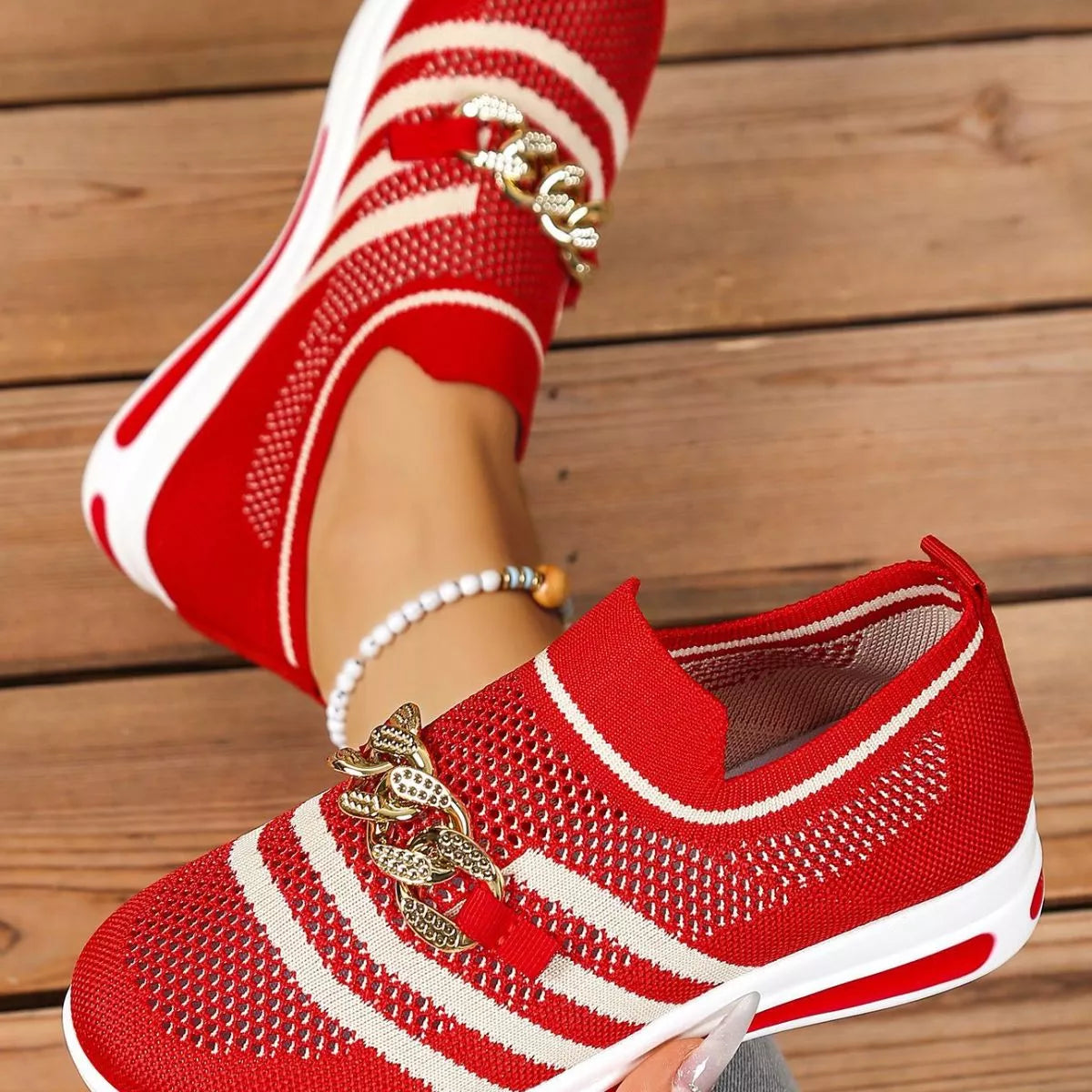 Round Toe Mesh Slip-Ons in Red for Women