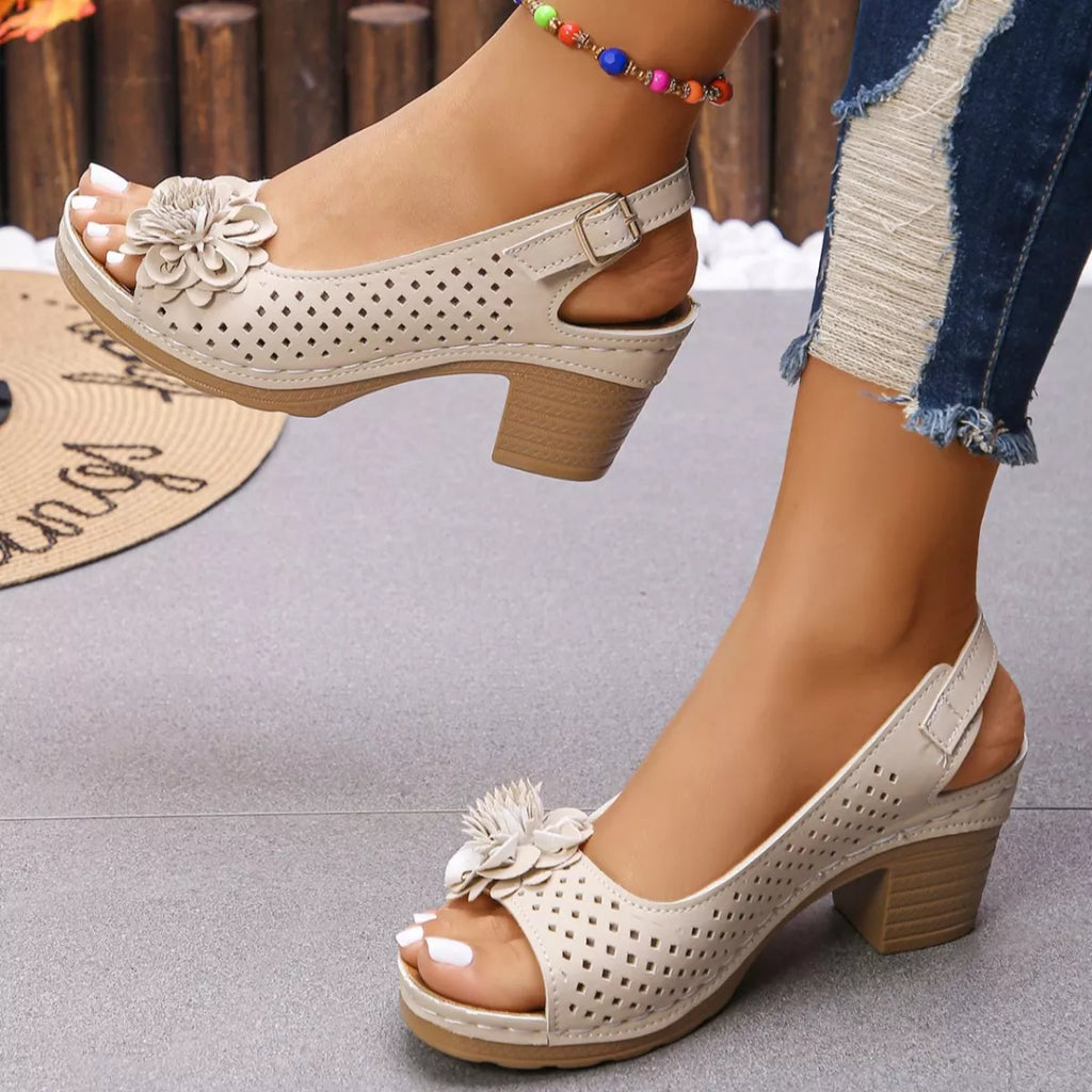 Floral Accent Block Heel Sandals in Black for Women