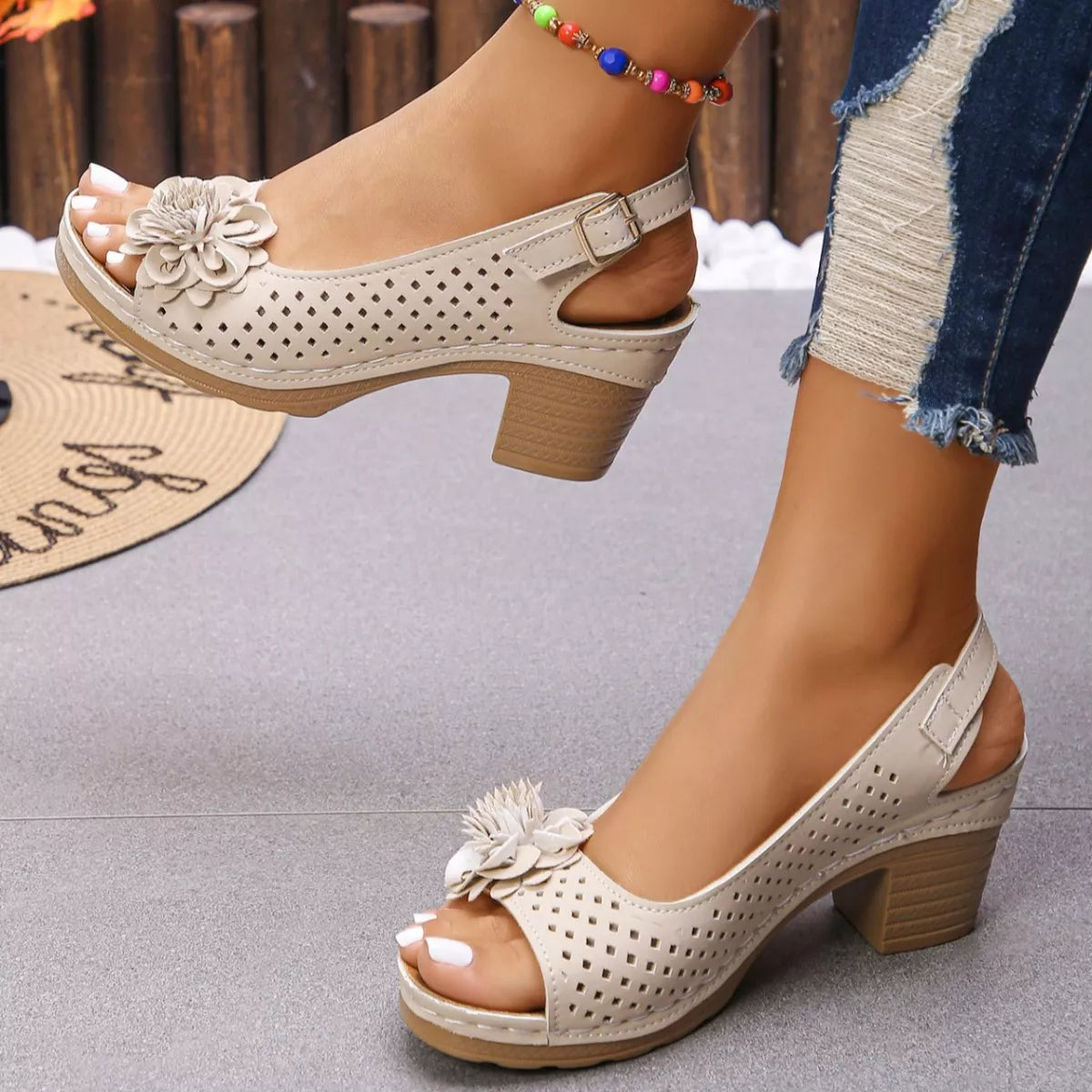 Floral Accent Block Heel Sandals in Black for Women