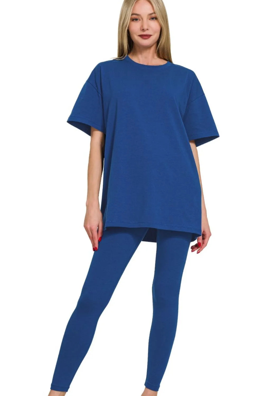 Cotton Round Neck Top & Legging Set in Light Navy for Women