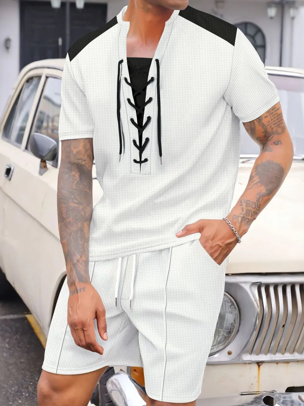 Lace-Up Waffle Knit Top and Shorts Set Plus Size in Black for Men