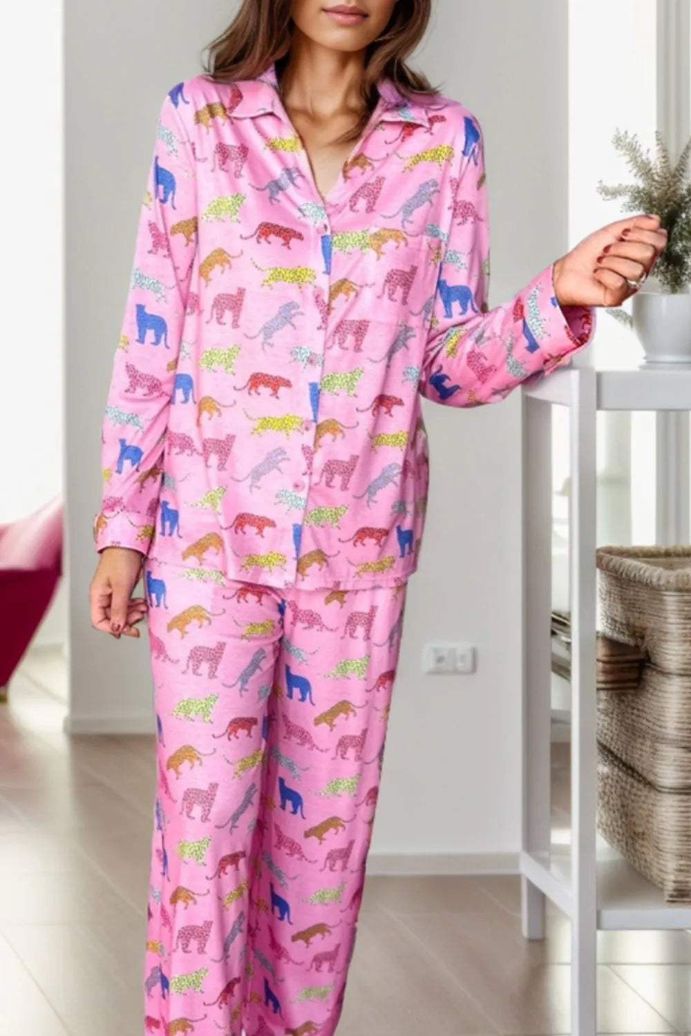 Pocketed Printed Top and Pants Lounge Set in Pink for Women