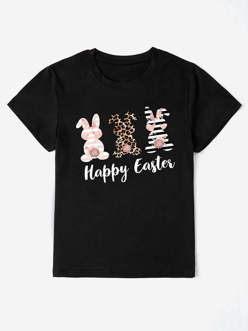Happy Easter Round Neck Short Sleeve T-Shirt in Blush Pink in Aqua for Women