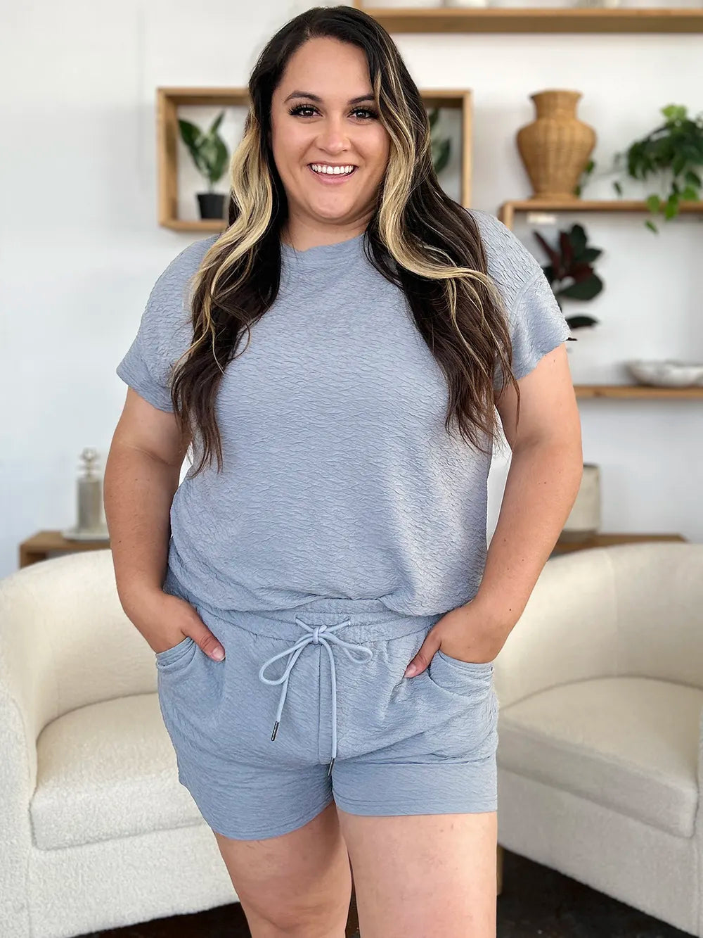 Plus Size Texture Short Sleeve T-Shirt and Drawstring Shorts Set in Cloudy Blue in Chestnut for Women