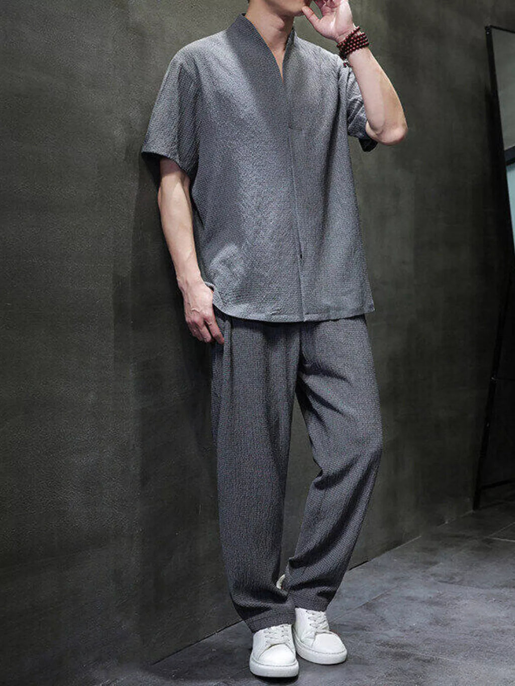 Plus Size Casual Short Sleeve Top and Pants Set in Black for Men
