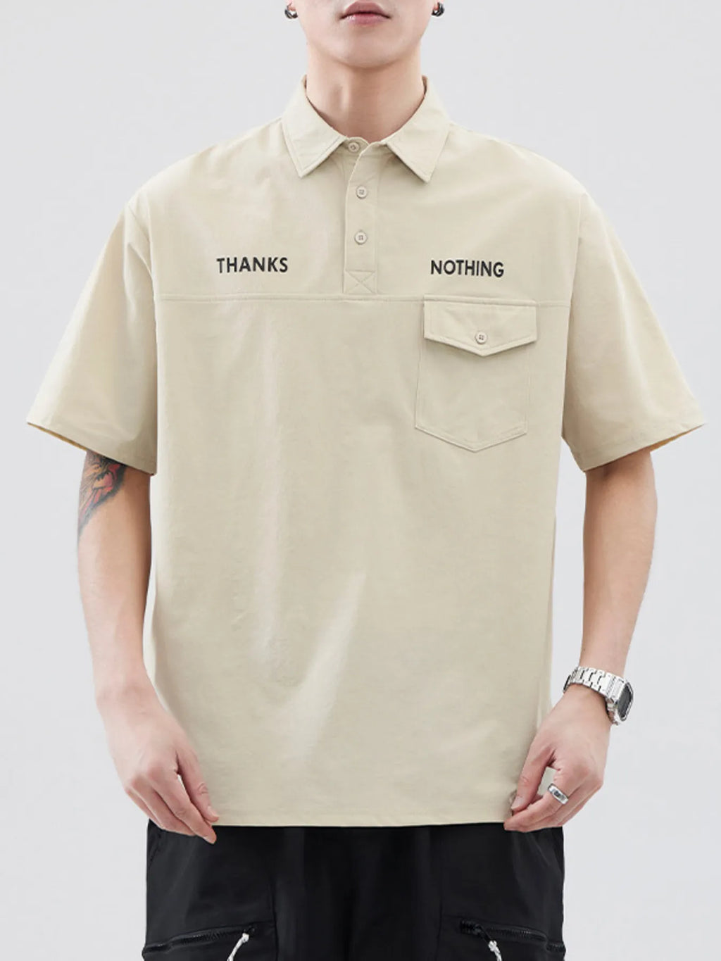 Plus Size Button Detail Short Sleeve Polo in Black for Men
