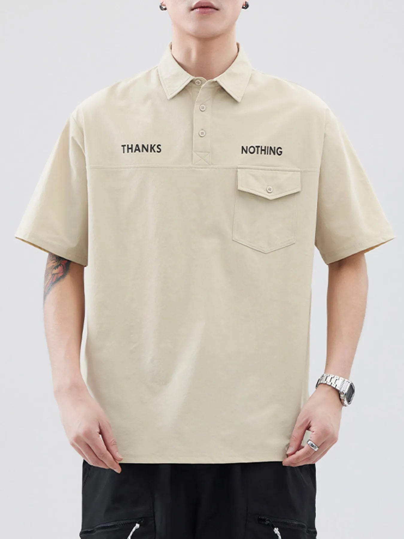 Plus Size Button Detail Short Sleeve Polo in Black for Men