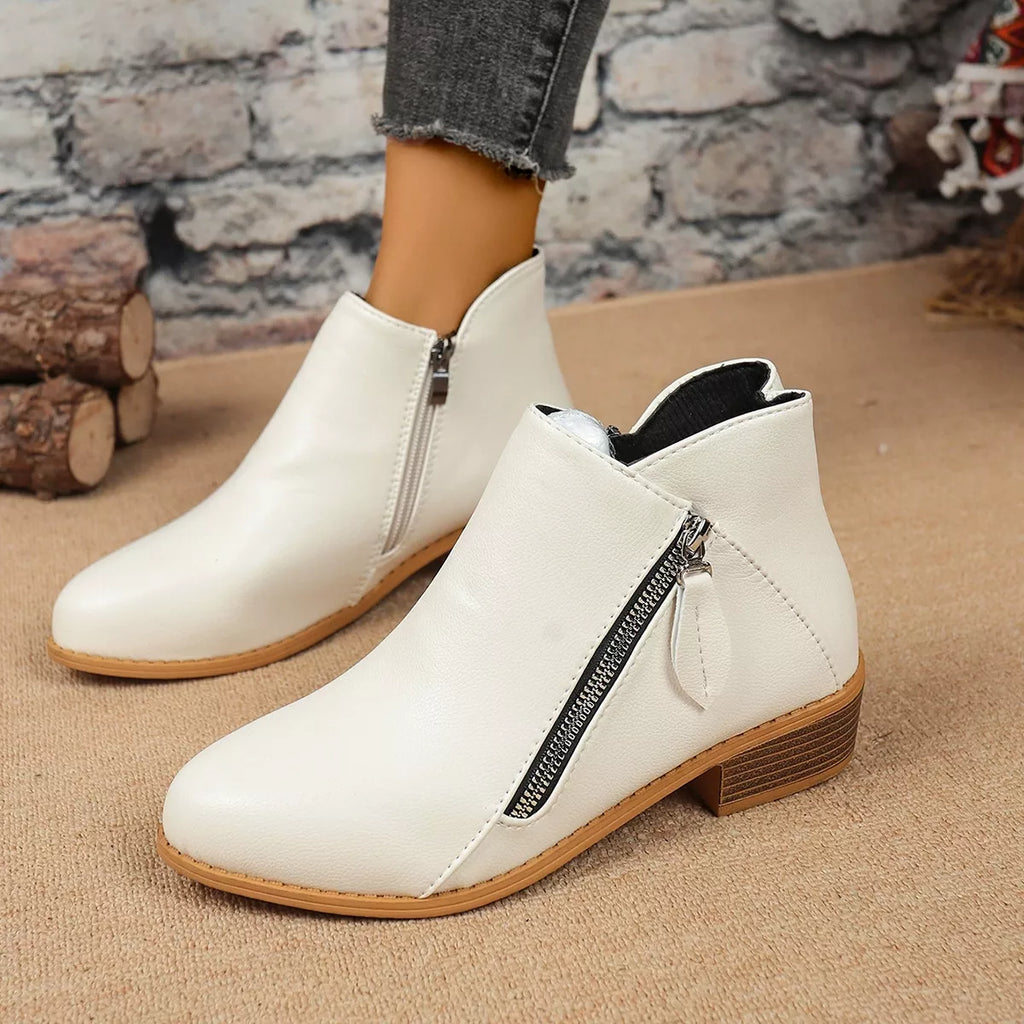 Size Zipper Block Heels Boots in Black for Women