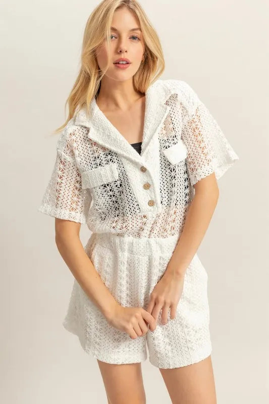 Crochet Button Front Short Sleeve Romper in White for Women