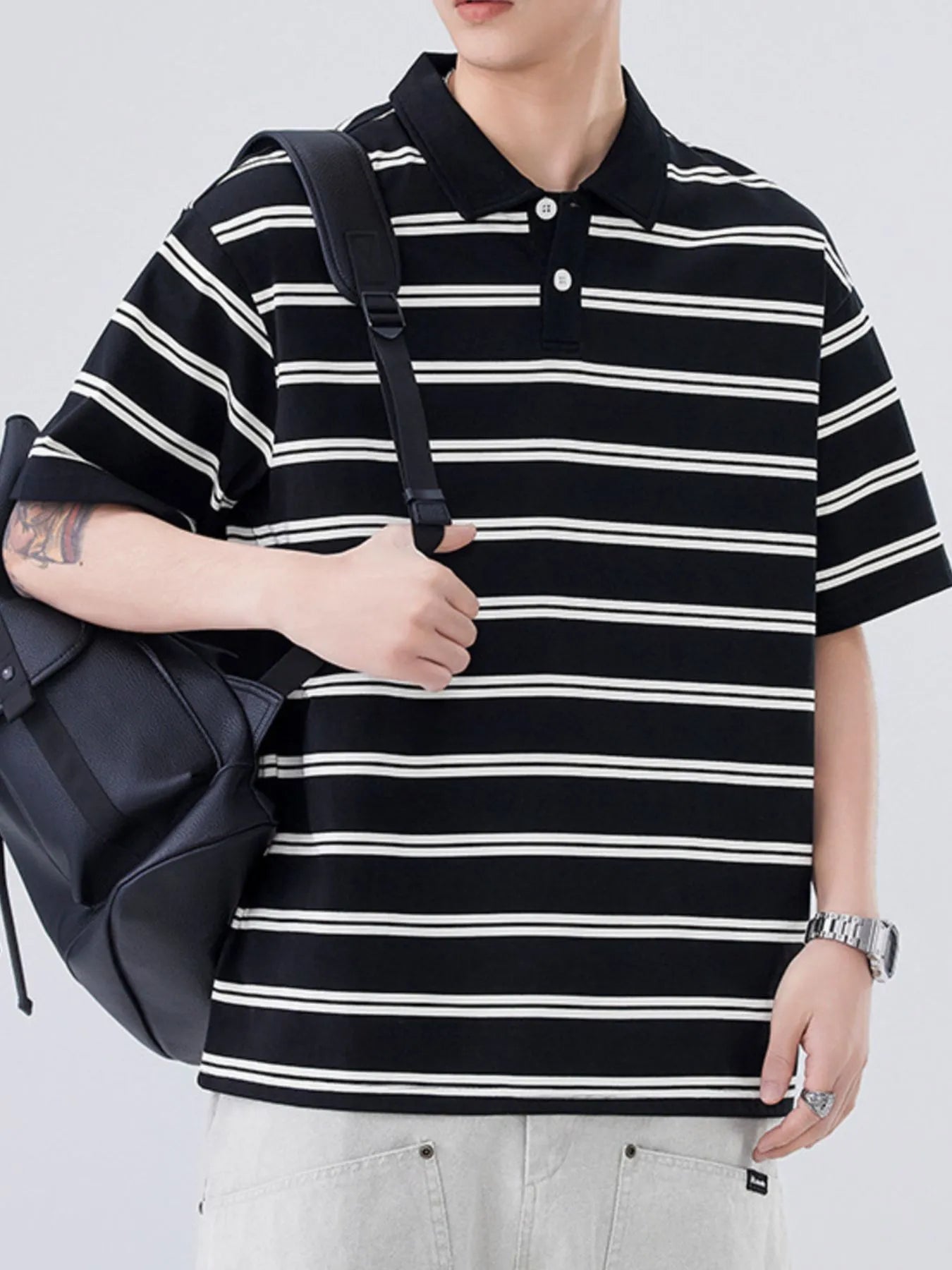 Plus Size Striped Half Sleeve Polo in Apricot for Men