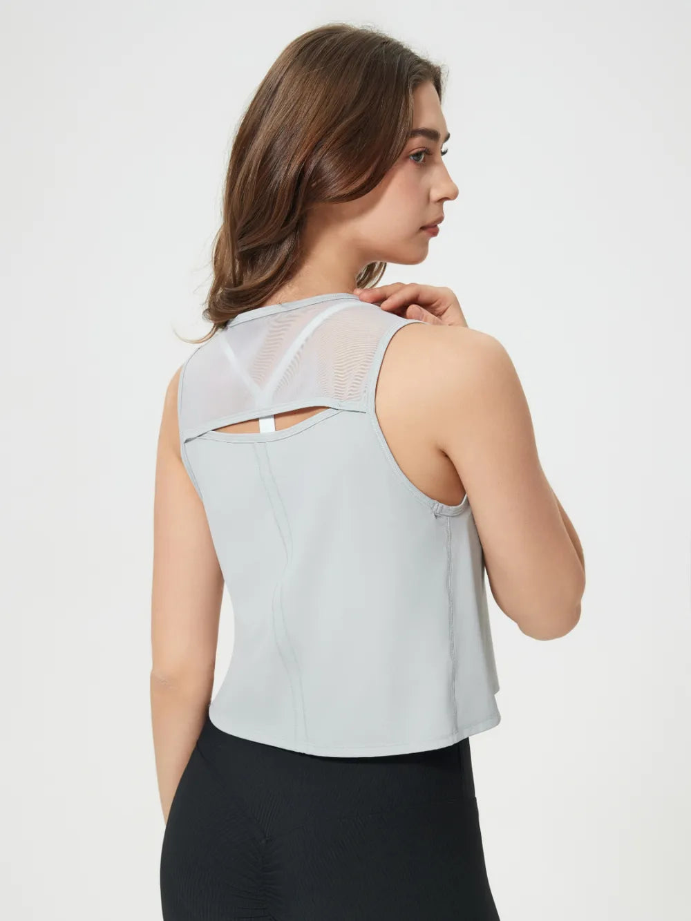 Round Neck Cropped Active Tank in Light Gray for Women
