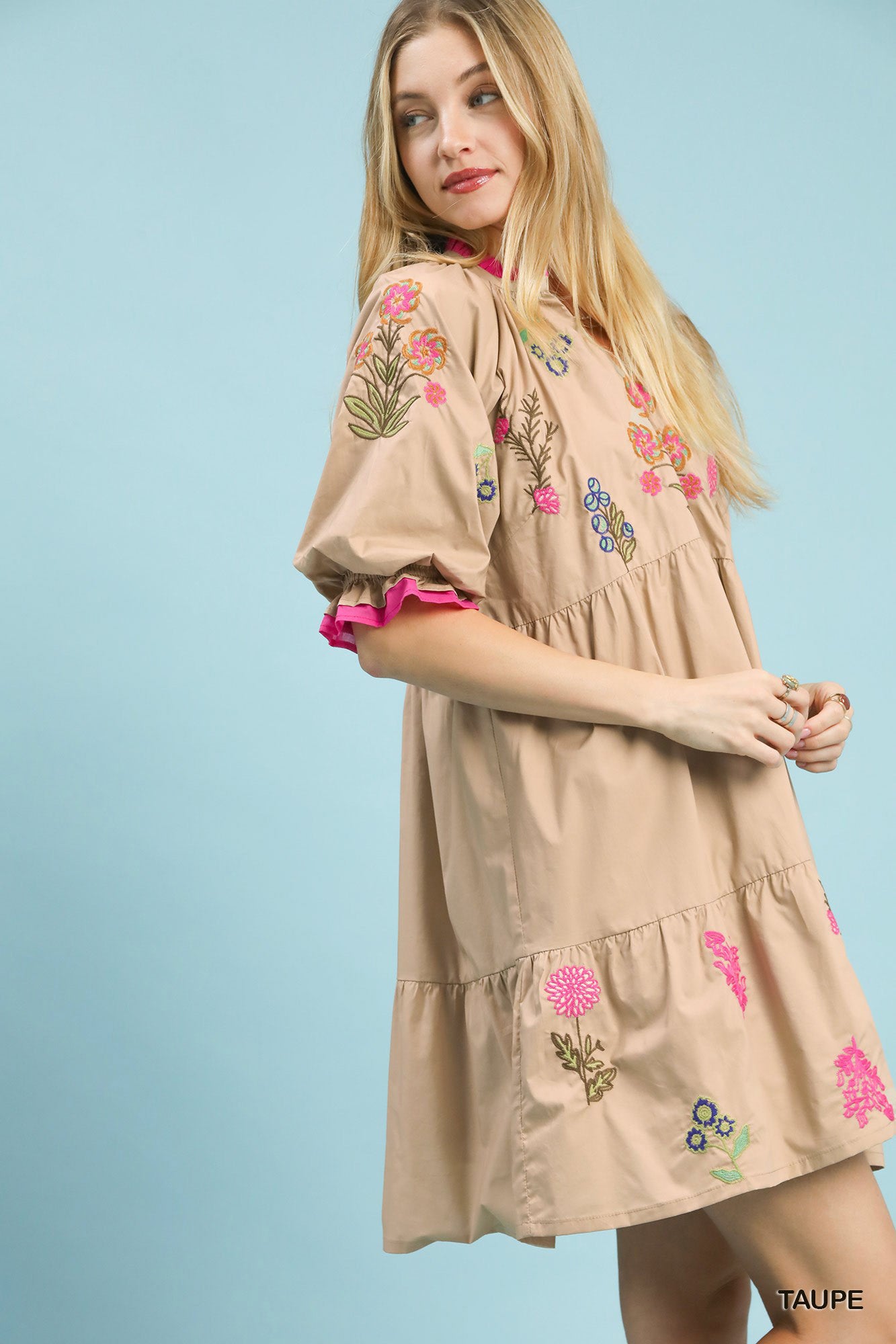 Embroidered Floral Tiered Dress in Taupe for Women