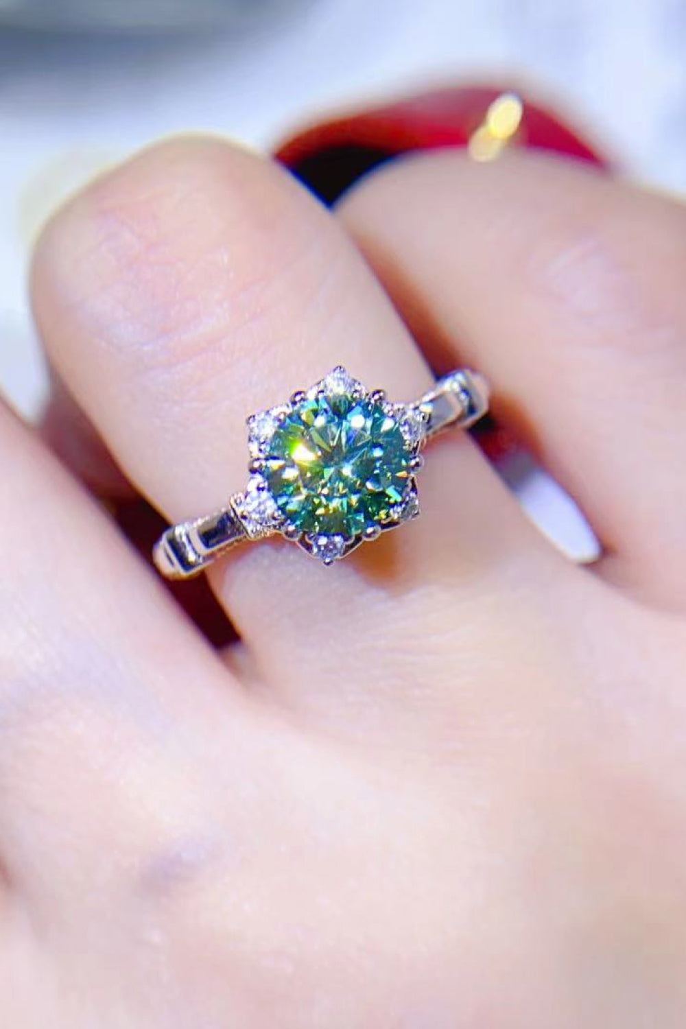1 Carat Moissanite 925 Sterling Silver Ring in Light Green for Women