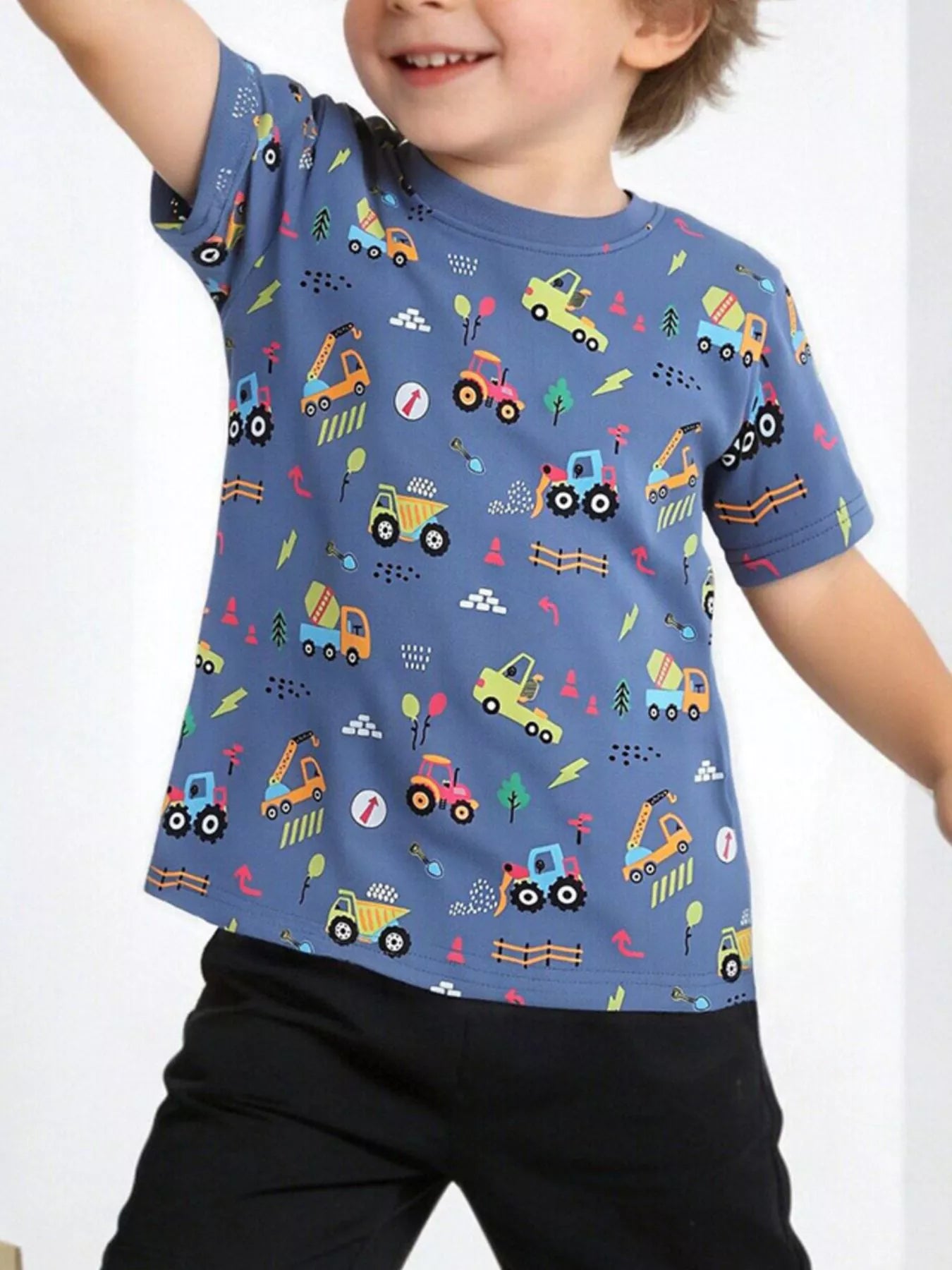 Construction Vehicle Print Short Sleeve T-Shirt in Dusty Blue for Boys