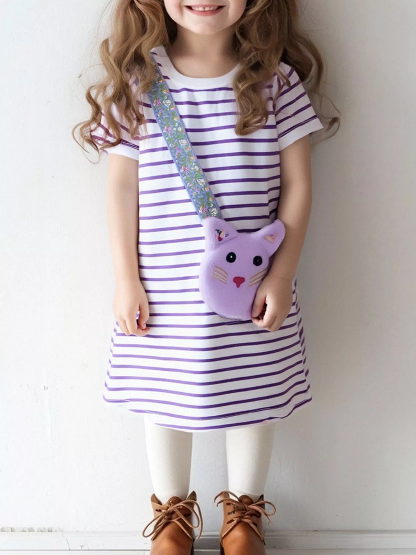 Striped Casual Dress with Cat Bag in Lavender for Girls