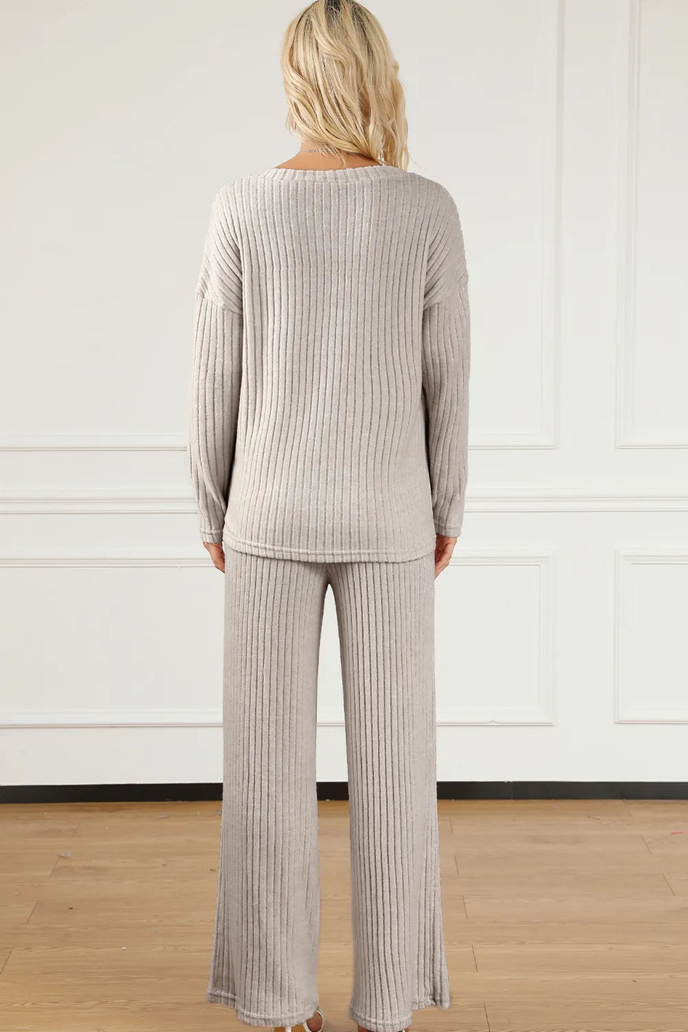 Ribbed V-Neck Top and Pants Lounge Set in Light Gray for Women