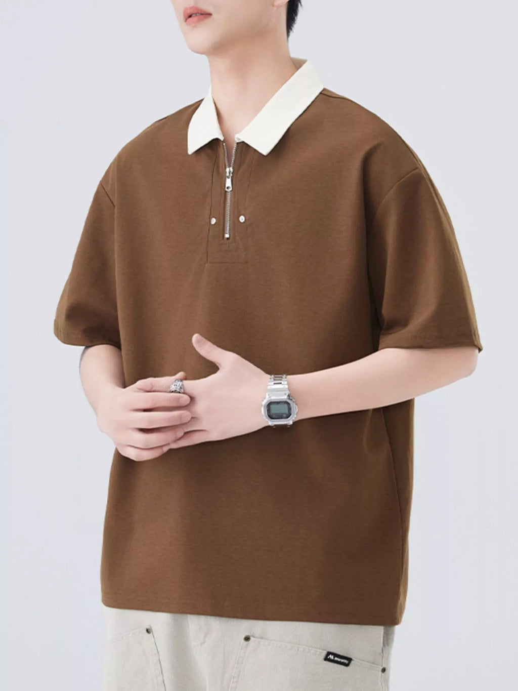 Plus Size Quarter Zip Short Sleeve Polo in Apricot in Black for Men