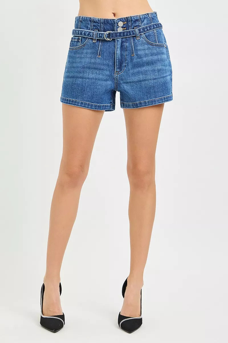 Double Button Slouchy Denim Shorts with Belt for Women