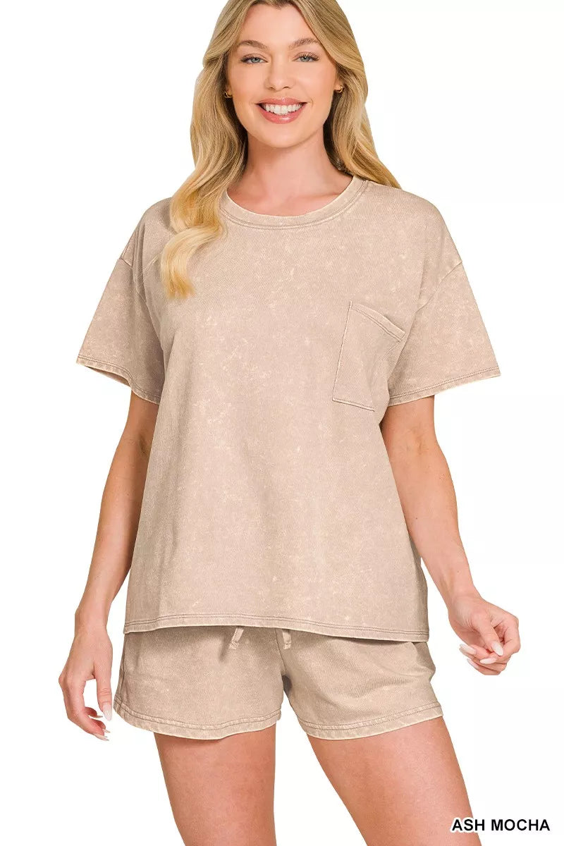 French Terry Acid Washed Relaxed Top & Short Set in Mocha for Women