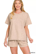 French Terry Acid Washed Relaxed Top & Short Set in Mocha for Women