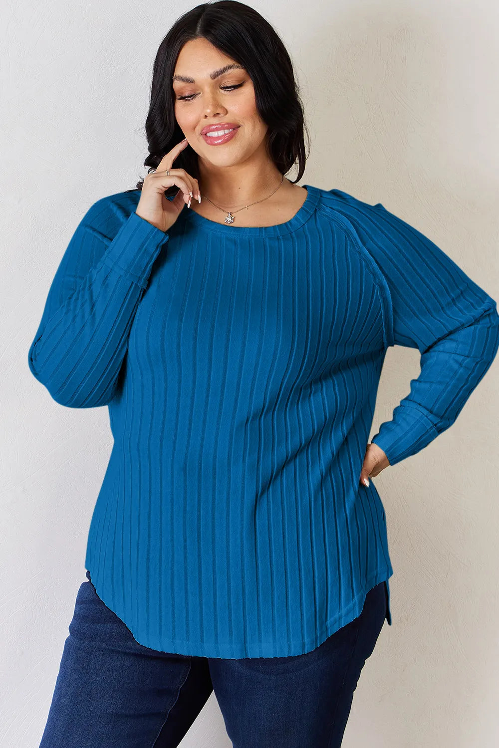 Plus Size Ribbed Round Neck Slit T-Shirt for Women