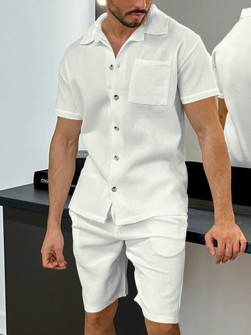 Button Up Top and Shorts Set Plus Size in White for Men