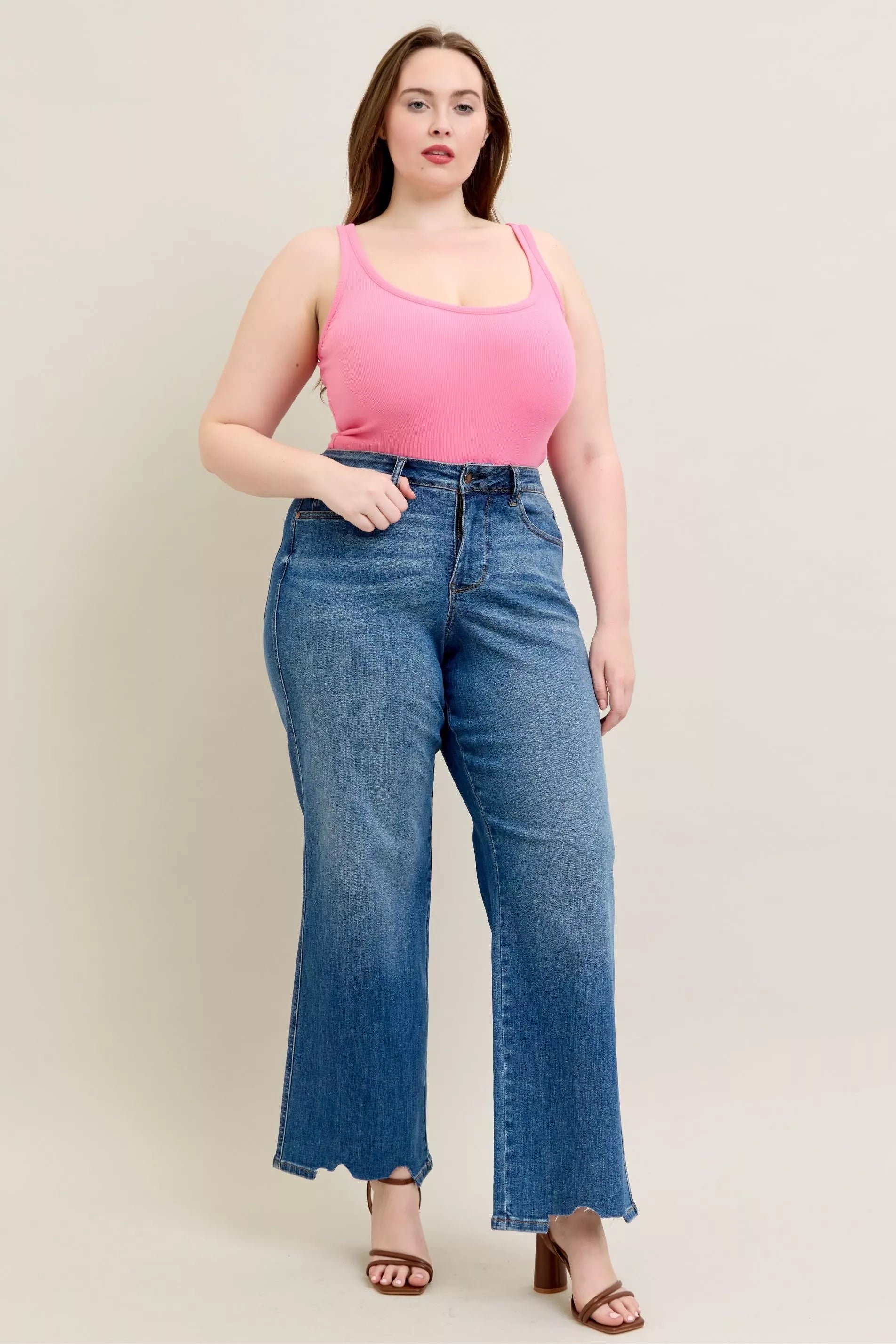 High Waist Tummy Control Chew Hem Destroy Wide Jeans Plus Size for Women