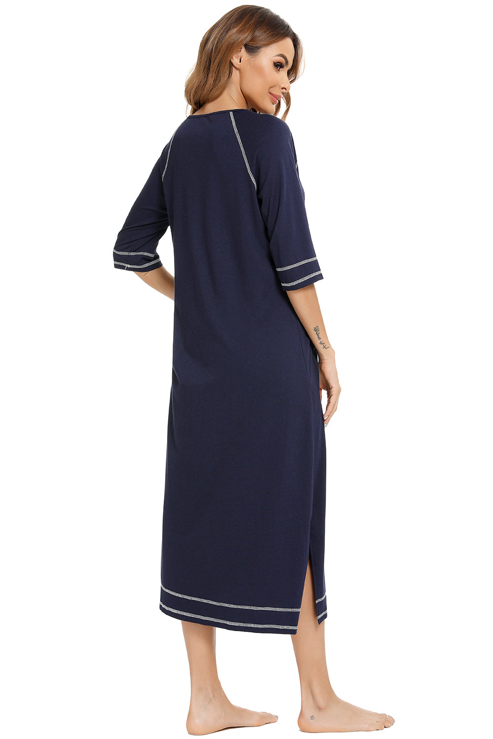 Zip Up Slit Round Neck Night Dress with Pockets in Dark Navy for Women