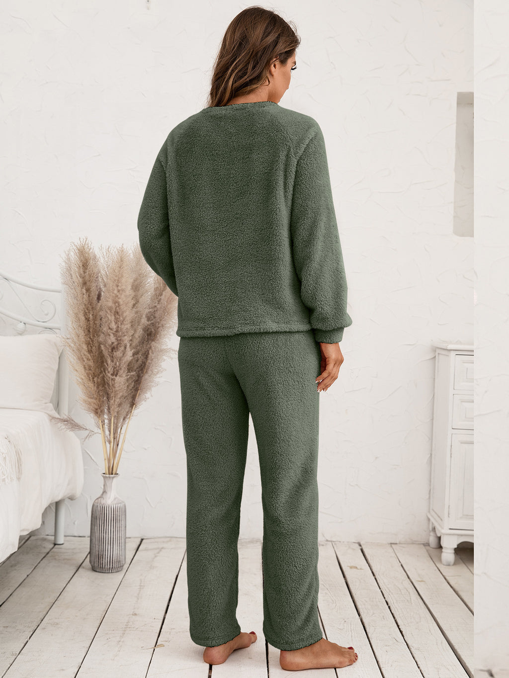 Ivy Lane Teddy Long Sleeve Top and Pants Lounge Set in Dark Blue for Women