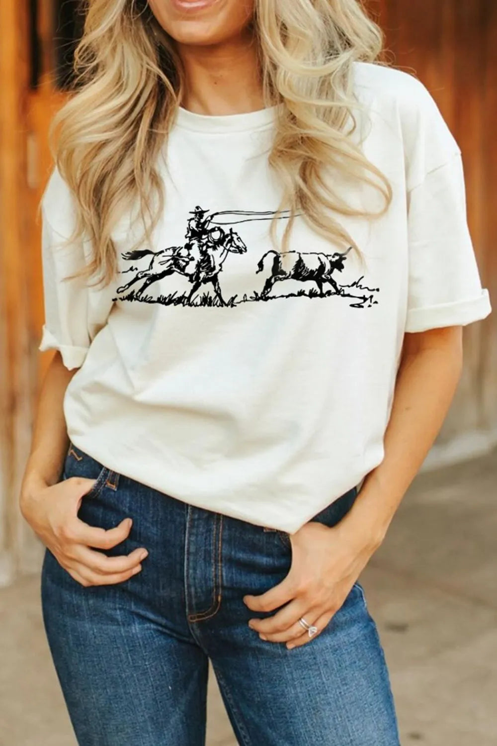 Western Rodeo Graphic Round Neck T-Shirt in White for Women